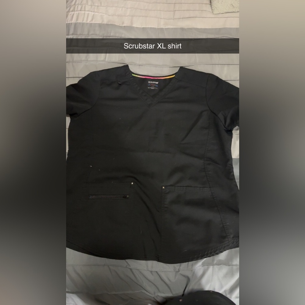Scrubstar Black V-Neck Scrub Top with Zip and Patch Pockets